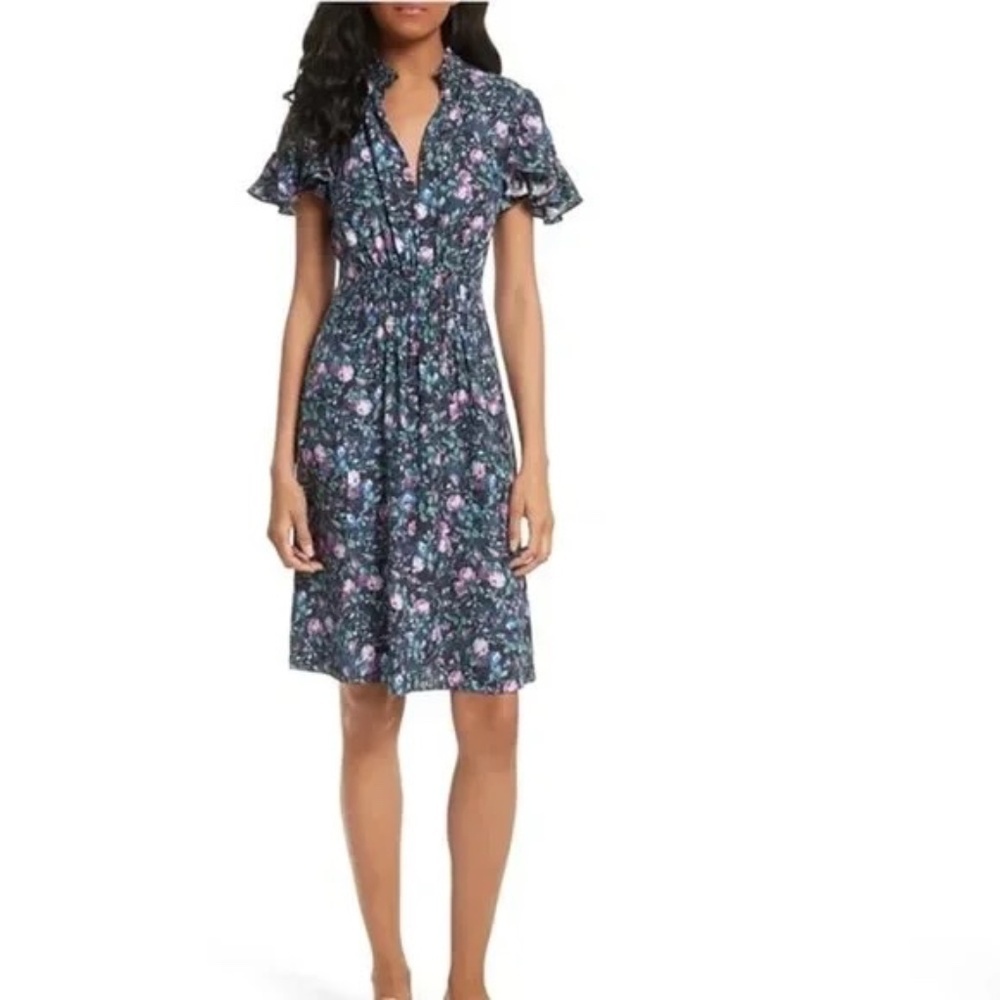 Rebecca Taylor Dark Navy Ruby Floral Smocked Silk Short Casual Dress 2